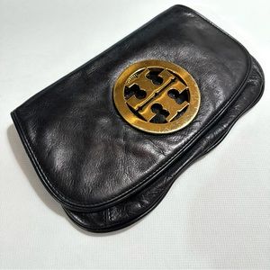 Tory Burch Oversized Reva Black & Gold Clutch Purse With Dustbag